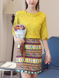 Yellow Colorful Two Piece Above Knee Plus Size Lace Cute Dress for Casual Office Evening