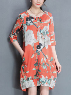 Orange Colorful Knee Length Plus Size Floral Dress for Casual Party Evening Office