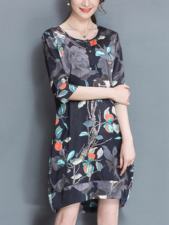 Black Colorful Knee Length Plus Size Floral Dress for Casual Party Evening Office