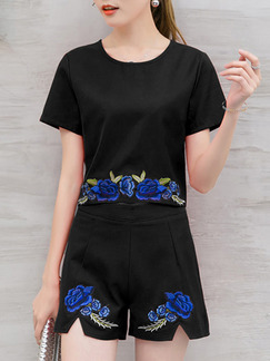 Black and Blue Two Piece Shirt Shorts Plus Size Floral Jumpsuit for Casual