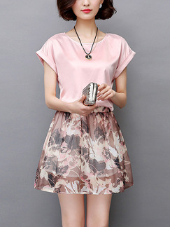 Pink Colorful Two Piece Above Knee Plus Size Cute Dress for Casual Party Evening
