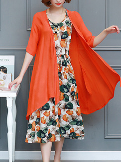 Orange Colorful Fit & Flare Midi Plus Size Dress for Casual Party Evening Office