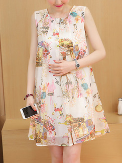 Beige Colorful Shift Above Knee Plus Size Dress for Casual