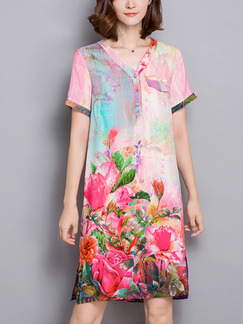 Pink Colorful Shift Knee Length Plus Size V Neck Floral Cute Dress for Casual Party Evening