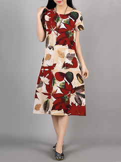 Apricot and Red Shift Knee Length Plus Size Floral Dress for Casual Party