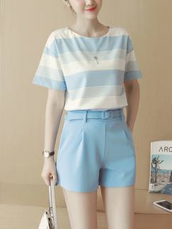 Blue and White Two Piece Shirt Shorts Plus Size Jumpsuit for Casual Office
