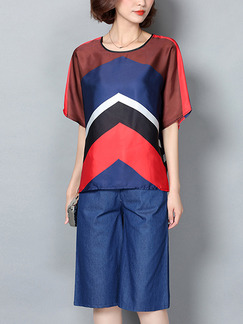 Blue and Red Two Piece Shirt Shorts Plus Size Wide Leg Jumpsuit for Casual Office Party