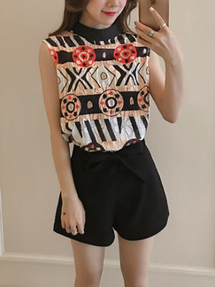 Black and White Colorful Two Piece Shirt Shorts Plus Size Jumpsuit for Casual Office