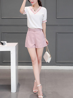 Pink and White Two Piece Shirt Shorts Plus Size V Neck Jumpsuit for Casual Office Evening Party