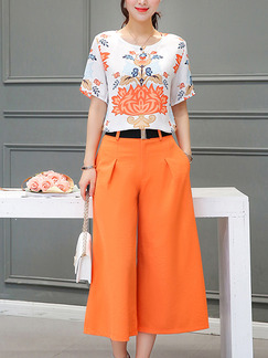 Orange and White Two Piece Shirt Pants Wide Leg Plus Size Jumpsuit for Casual Office Evening Party