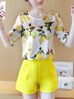 White and Yellow Two Piece Shirt Shorts Plus Size Cute Jumpsuit for Casual Office Evening Party