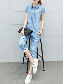 Blue Two Piece Shirt Pants Plus Size Jumpsuit for Casual Office