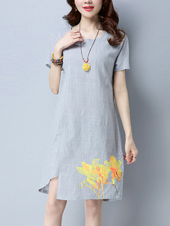 Grey and Yellow Shift Knee Length Plus Size Dress for Casual Office Party