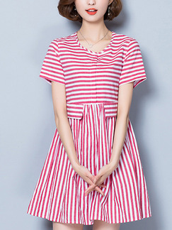 Red and White Stripes Shift Above Knee Plus Size Dress for Casual Office Evening Party