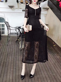 Black Midi Lace V Neck Dress for Cocktail Ball