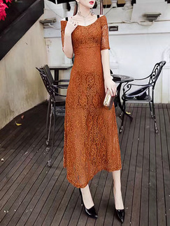 Apricot Midi Lace V Neck Dress for Cocktail Ball