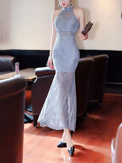Grey Bodycon Maxi Lace Halter Dress for Ball Cocktail