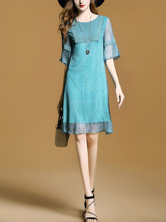 Blue Green Above Knee Linking Chiffon Loose Plus Size Dress for Casual Office Evening Party