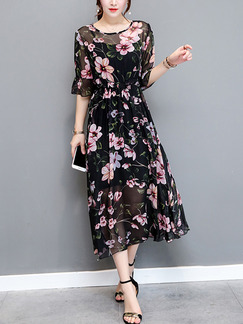 Black and Pink Two Piece Cute Fit & Flare Midi Plus Size Floral Dress for Casual Party Evening Office
