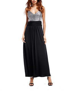 Black and Silver Maxi Plus Size Slip V Neck Dress for Cocktail Ball Party Prom