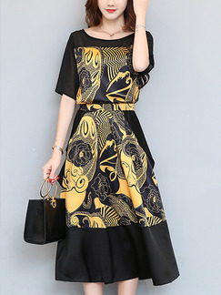 Black and Yellow Two Piece Fit & Flare Midi Plus Size Dress for Casual Office Evening