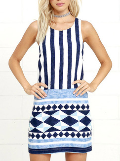 Blue and White Bodycon Above Knee Plus Size Dress for Casual Party