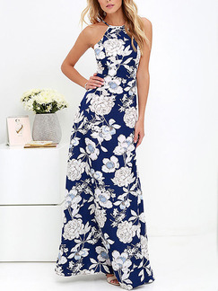 Blue and White Maxi Plus Size Floral Halter Dress for Casual Beach