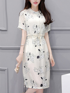 White Sheath Knee Length Plus Size Floral Dress for Casual Office Evening