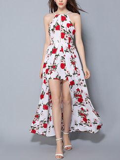 White and Red Maxi Halter Plus Size Floral Dress for Cocktail Prom Ball