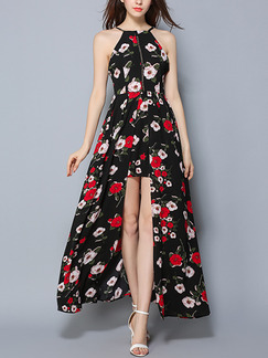 Black and Red Maxi Halter Plus Size Floral Dress for Cocktail Prom Ball