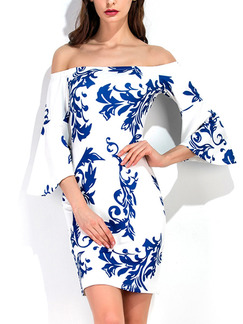 Blue and White Bodycon Above Knee Plus Size Off Shoulder Dress for Cocktail Party Evening