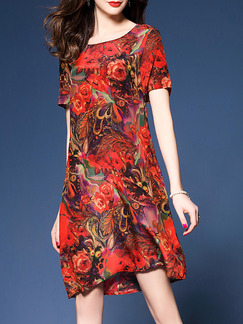 Red Shift Above Knee Plus Size Floral Dress for Casual Party Evening
