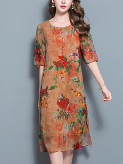Apricot Colorful Shift Knee Length Plus Size Floral Dress for Casual Party Evening