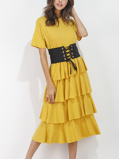Yellow Fit & Flare Midi Plus Size Cute Dress for Cocktail Party Evening