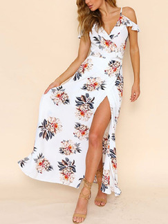 White Colorful Maxi Floral Plus Size V Neck Slip Dress for Casual Beach