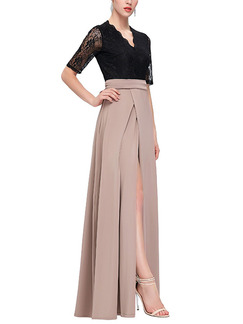 Black and Beige Maxi Plus Size V Neck Lace Dress for Cocktail Evening