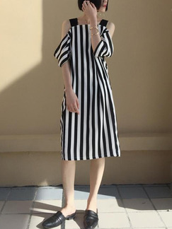 Black and White Stripe Shift Knee Length Dress for Casual Party Evening