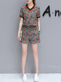 Colorful Two Piece Shirt Shorts Plus Size V Neck Floral Jumpsuit for Casual Party