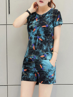Blue Colorful Two Piece Shirt Shorts Plus Size Jumpsuit for Casual Party