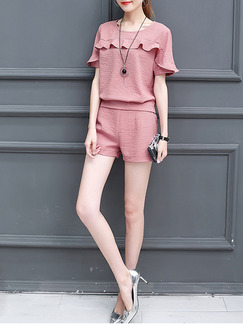 Pink Two Piece Shirt Shorts Plus Size Cute Jumpsuit for Casual Office