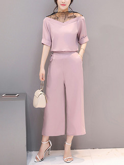 Pink Two Piece V Neck Off Shoulder Shirt Pants Plus Size Wide Leg Cute Jumpsuit for Casual Office