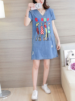 Blue Colorful Above Knee Shift V Neck Printed Holes Denim Plus Size  for Casual Office