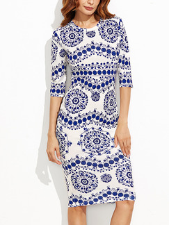 Blue and White Bodycon Knee Length Chinese Printed Over-Hip Plus Size Dress for Casual Office Party Evening