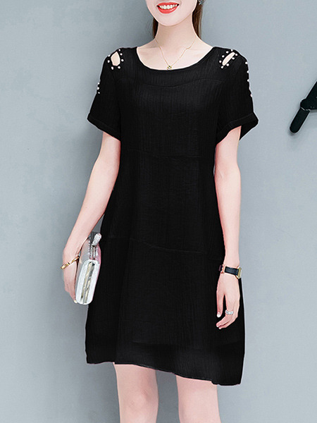 Black Above Knee Shift Off-Shoulder Bead Plus Size Dress for Casual Office Party Evening