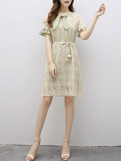 Green Knee Length Ruffled Lace Plus Size Dress for Casual Office Party Evening