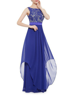 Blue Full Skirt Chiffon Lace Linking Open Back Two-Layered Plus Size Dress for Evening Ball Cocktail Prom