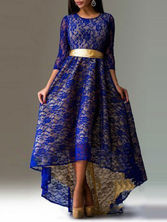 Blue and Golden Maxi Fit & Flare Lace Plus Size Dress for Evening Prom Ball Cocktail