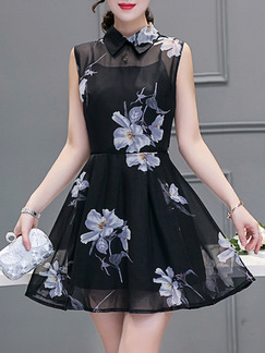 Black Colorful Floral Above Knee Fit & Flare Shirt Plus Size Dress for Party Evening Cocktail