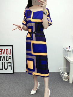 Blue Black Yellow Midi Shift Plus Size Dress for Casual Office Party