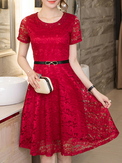 Red Midi Fit & Flare Lace Dress for Party Evening Cocktail